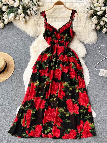Lässige Kleider YuoooMuoo Französisch Romantisches Blumendruck-Frauen-Kleid-Urlaubs-Art- und Dame-Bügel-Chiffon-Strand-elegante Partei Vestidos