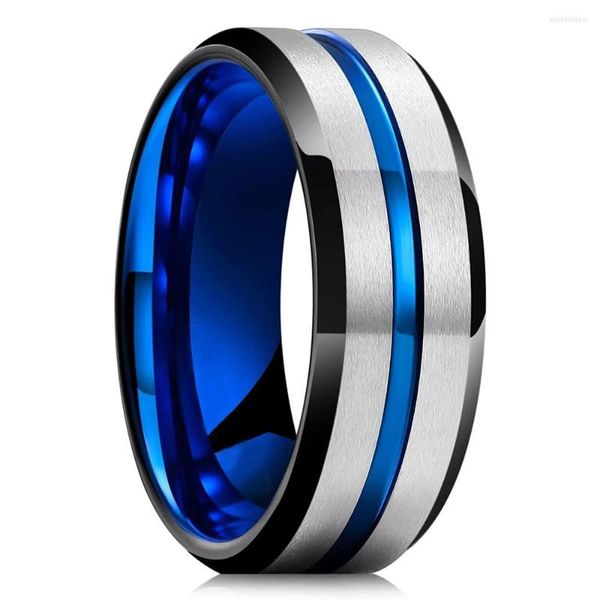 Anéis de casamento clássico de 8mm de groove azul de titânio aço para homens cor de prata pi escovado anel inoxidável unissex jóias