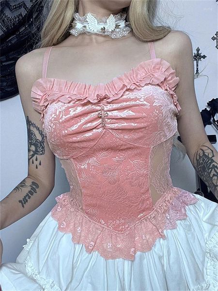 Женские танки 2023 Gothic Grunge Corset Crop Top Vintage Women Женщины кружевная отделка черная ками -хараджуку ретро мини -жилет панк стиль эмо