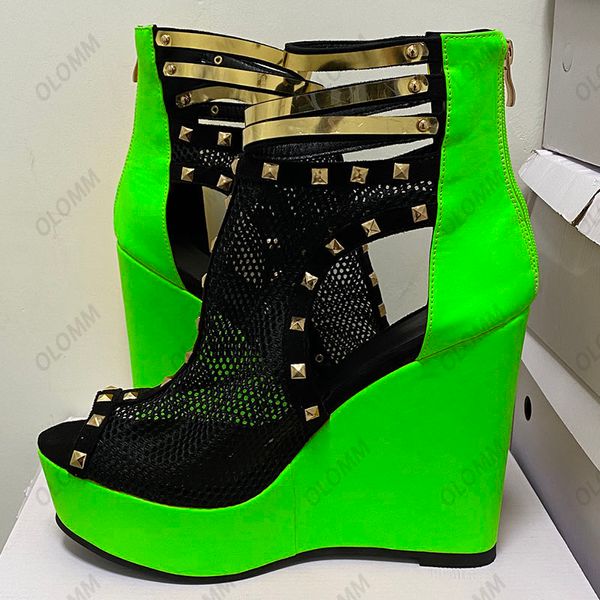 Olomm Foto Reali Sandali Donna Sexy Rivetti Zeppe Tacchi Alti Punta Aperta Bella Giallo Rosso Verde Scarpe Donna US Plus Size 5-20