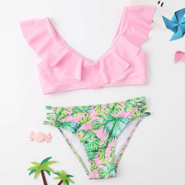 Mayo tropikal çiçek kız fırfırlı bikini seti 7-14 yıl iki adet çocuk önlük mayo 2023 plaj takım elbise p230602