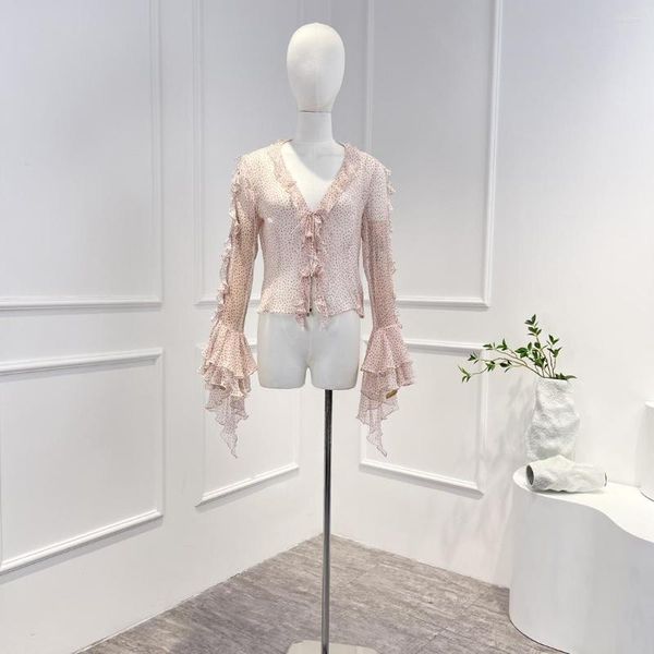 Blusas femininas 2023 blusa de chegada de alta qualidade Blusa preta Polinhas de babados de babados de longa manga irregular tops rosa para mulheres