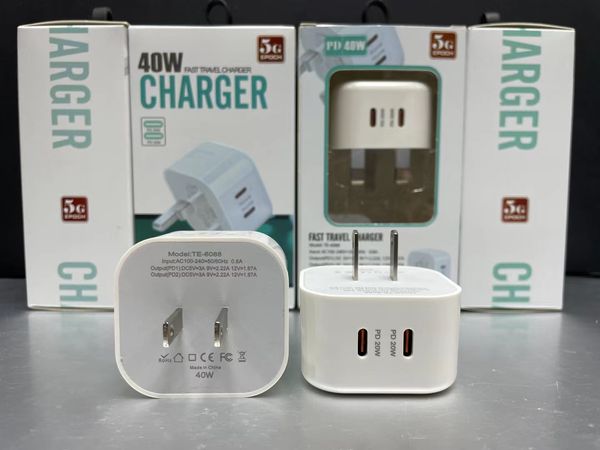 Mit Box-Paket 40W Handy-Ladegeräte Schnellladung Dual Typ C PD Schnellladung für Samsung Huawei iPhone EU US UK AU-Stecker