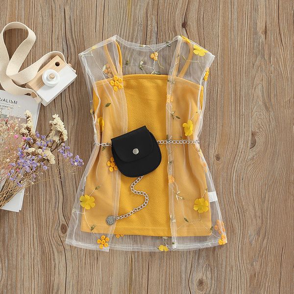 Conjuntos de ternos 2 de 6 anos garotas roupas de verão conjuntos de 3 pcs vestido de bebê mangas malha floral malha pura smock saco de cinto de corrente