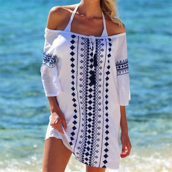 Abito da spiaggia a tunica con stampa parei Abito da spiaggia in cotone Saida De Praia Pareo Playa Mujer Costume da bagno bikini #Q753