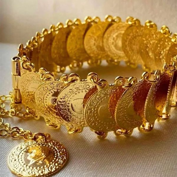 Charme Pulseiras Otomano Turco Totem Cadeia Pulseira Chapeamento Gold Coin Cuff Bangles para Nupcial Étnica Bijoux 230508