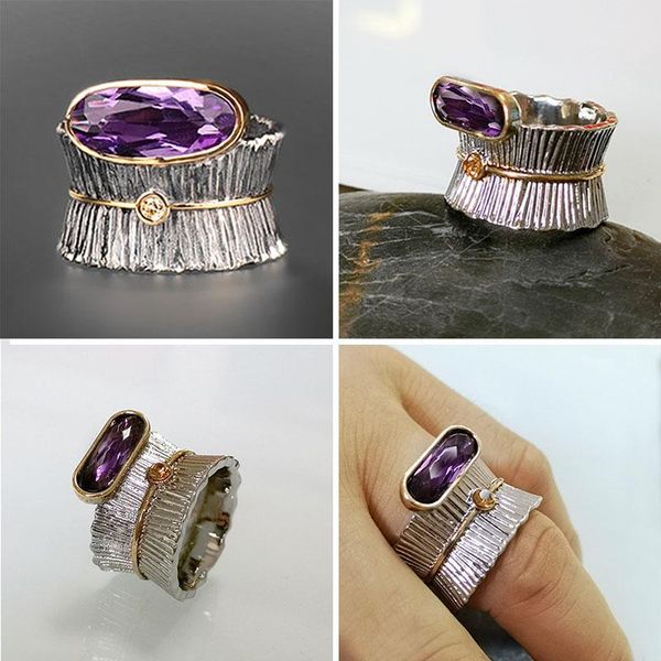 Fedi nuziali grande fascia di corteccia di legno larga con zircone viola ovale anello di ramo di corteccia d'albero vintage da donna regalo di gioielleria da dito