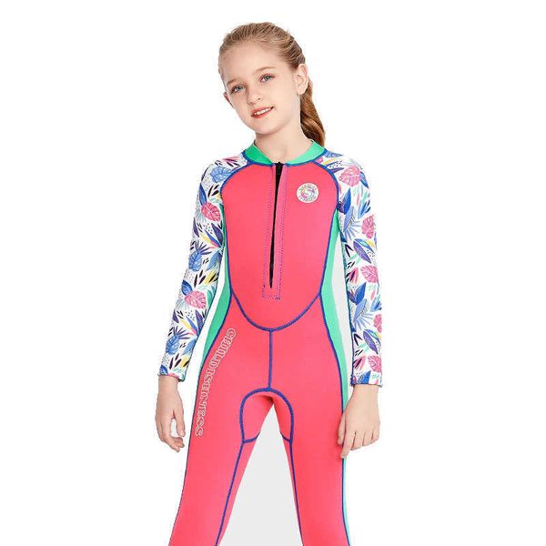 Roupas de banho infantil infantil malha de mergulho de 2 mm de peixe de uma peça longa para mangas compridas garotas quentes de arremesso de merda de snorkel de snorkel de traje de banho de neoprene P230509