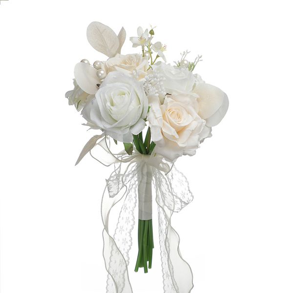 Buquê de noiva artificial Flores de casamento brancas Flores de fita BUQUE ROMACTION BUQUE DE NOIVA W9540