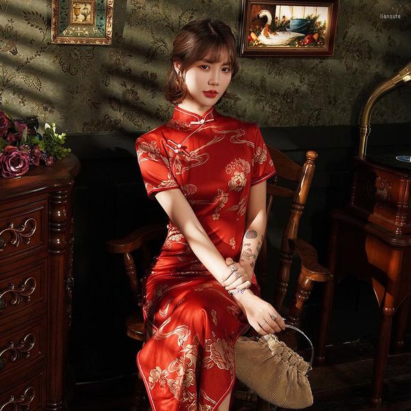 Etnik Giyim 2023 Oryantal Kırmızı İpek Düğün Qipao Elbiseler Kadın Yenilik Çin Tarzı El Yapımı Düğmesi İnce Uzun Cheongsam Büyük Boyut