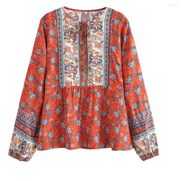 Damenblusen Langarm Quaste Boho Shirt Rayon Cotton Blusas Floral bedruckter V-Ausschnitt Lace-up Bohemian Blusenhemden