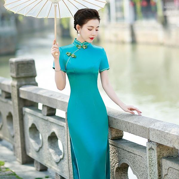 Roupas étnicas lago azul lady banquete vestido de festa cetim sexy mandarim colar longa cheongsam estilo chinês qipao grande tamanho 5xl vestidos