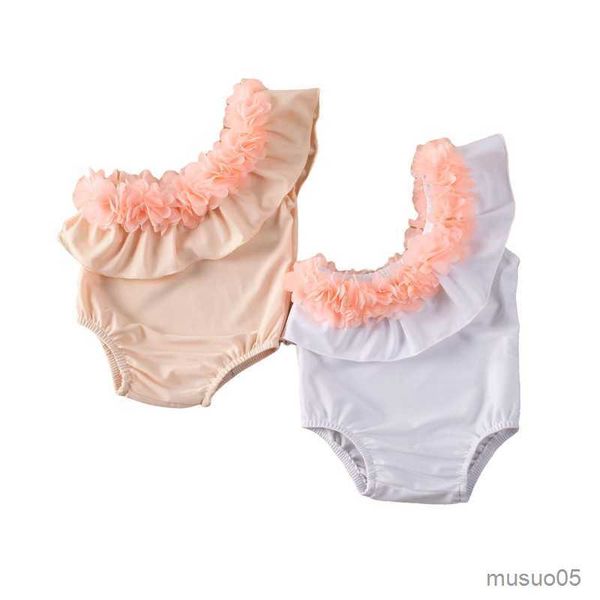 Costume da bagno senza maniche per bambina appena nata in due pezzi Pagliaccetto monospalla con volant floreale Costume da bagno in pizzo bianco rosa tinta unita Costume da bagno per bambina