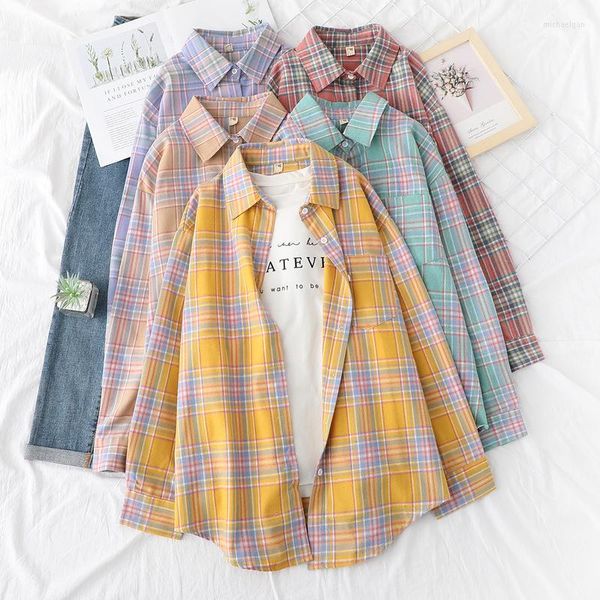 Camisa xadrez de blusas femininas para mulheres casuais de manga comprida Boutique Ladies Blusa Logo e Tops Roupas de outono da primavera