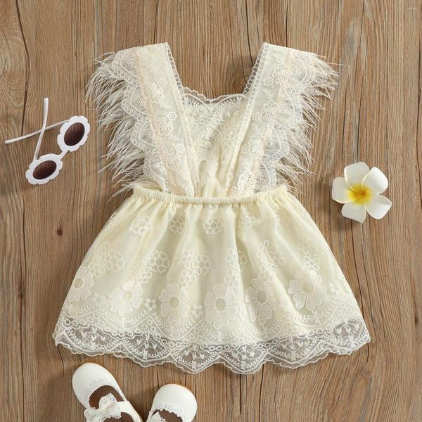 Vestidos de menina crianças crianças meninas meninas de princesa vestido de renda de crochê decoração de penas 6m-4t