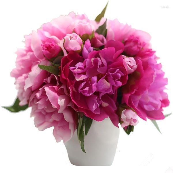 Flores decorativas Flores de seda flor artificial peony roxo vermelho buquê de noiva falsa folha para casamento em casa decoração 6 galhos