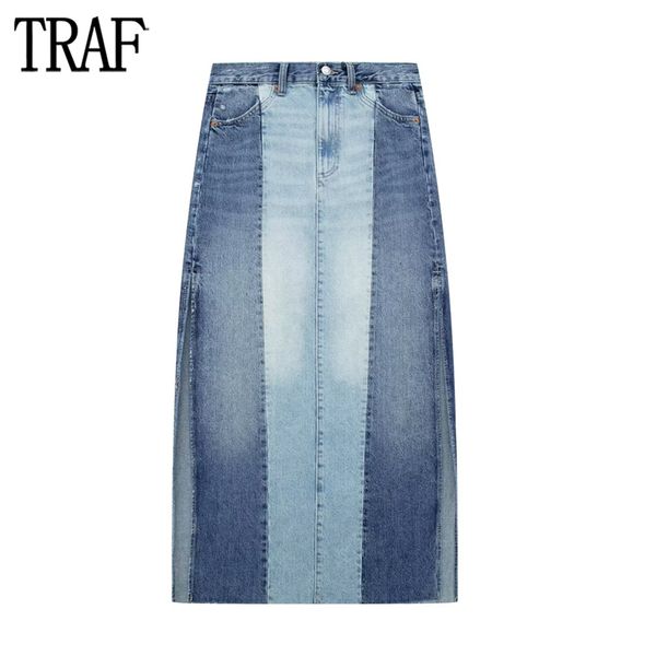 Юбки Traf Blue Denim Long Women Patchwork Jean Maxi для летней средней талии женщина уличная одежда 230509