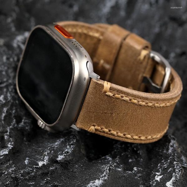 Uhrenarmbänder Handgefertigtes italienisches Uhrenarmband aus Rindsleder der ersten Schicht, passend für Apple 49 mm, 45 mm, 44 mm, 42 mm, hellbraunes, weiches Armband