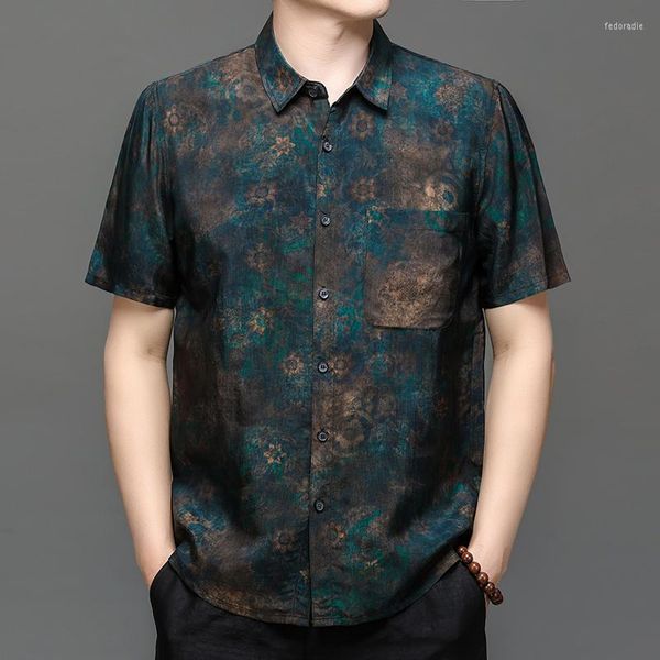 Herren Freizeithemden Dunkelgrüner Druck Satinkleid Herrenhemd Langärmeliger Luxus Sommer Chinesischer Stil Qualität Weich Bequem Camisa