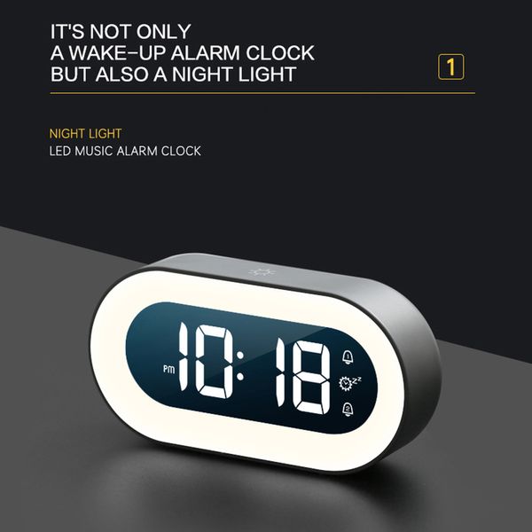 Orologi da tavolo da scrivania Musica Sveglia digitale a LED controllo vocale design della luce notturna orologio da tavolo decorazione della scrivania di casa batteria integrata da 1200 mAh 230508