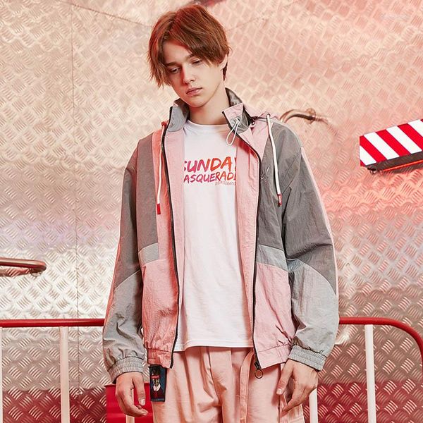 Giacche da uomo 2023 Harajuku Giacca da uomo da uomo Giacca a vento con cappuccio Hip Hop Felpa con cappuccio color block vintage rosa Cardigan streetwear