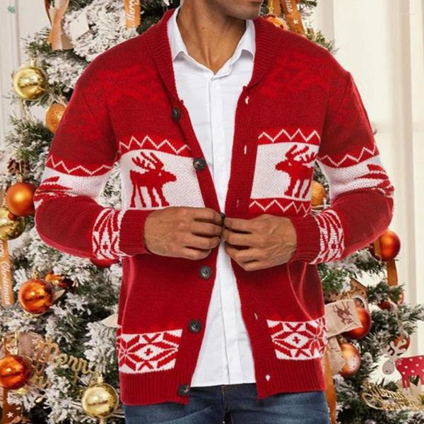 Suéteres masculinos suéter de natal masculino Slim Fit Fit Block Difemested Block Longo Manga Longa Cardigan Elk Snowflake Imprimir casaco de natal