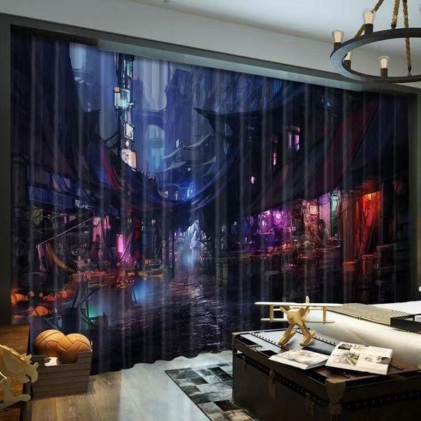 Cortina 3D Impressão de ficção científica Futurista Urban Punk Cyberstyle 2 peças Cortinas de janela de sombra para o quarto da sala do quarto gancho de decoração