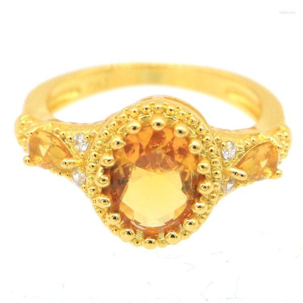 Ringos de cluster 19x12mm lindo 4.4g criado Citrine Birthday Gift 14K Gold Silver Ring for Women Fine Jewelry Drop