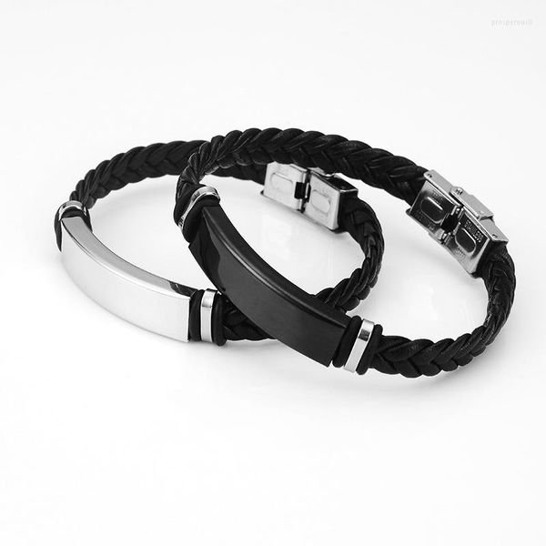 Pulseiras de link Klgbraided Black Leather Men Bracelet 10x5 12x6mm Tamanho Moda Metal Magnetic Chap Wrap Punk Jóias