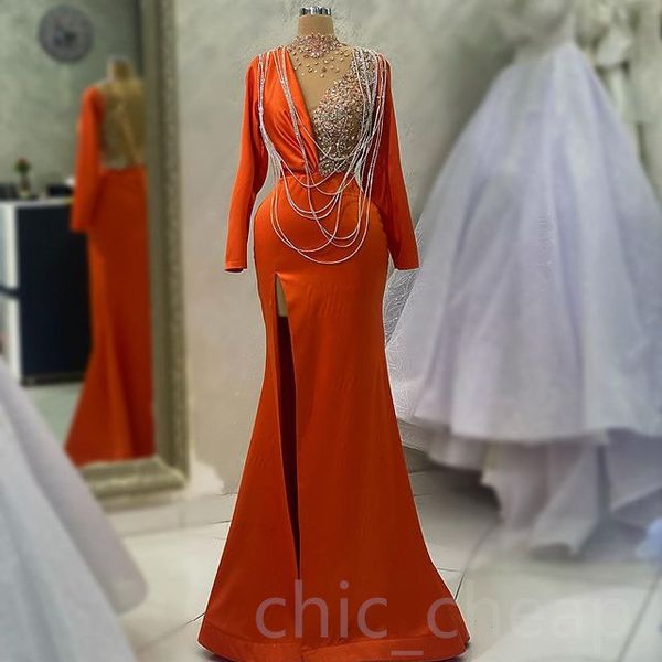 ASO EBI 2023 Arábico de sereia laranja de retenção de baile Cristais de cetim de cetim Party formal Festal Second Recepção Vestidos de noivado de aniversário Vestidos Robe de Soiree sh014