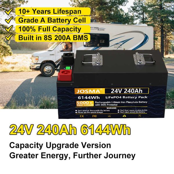 Pacco batterie LiFePO4 24V 240Ah 200Ah 101% capacità 25,6V 7,6KWh 8S 200A BMS 5000+deep cycle 10 anni di durata all'aperto del camper