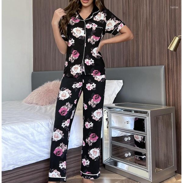 Pigiameria da donna Tuta da notte da donna Pigiama in rayon Set 2 pezzi Indumenti da notte primaverili estivi per abbigliamento da notte con stampa floreale femminile