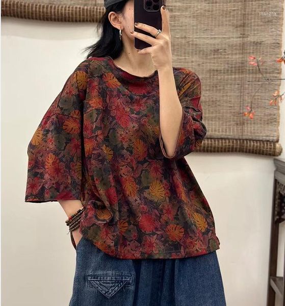 Damen-T-Shirts 2023Women Cotton T-Shirts Summer Retro Print Vintage Stir Frying Color O-Neck Collar Half Sleeve Loose Female Tide Tops