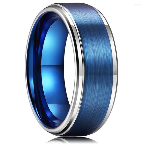 Eheringe Mode 8mm Titan Edelstahl Für Männer Frauen Blau Gebürstet Stufenkante Paar Party Schmuck Geschenke