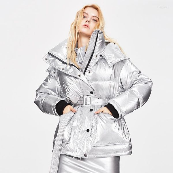 Женская серебряная куртка для женской капюшоны в средней длине теплый густой тонкий стройный пальто зима с пояской Женская уличная одежда Parka Parka