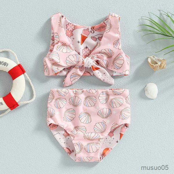 Zweiteiliges Stück Kinder Mädchen Badeanzüge Badeanzug Blumendruck Bikini Set Ärmellos Bowknot Cartoon Print Kinder Säuglingsbadebekleidung