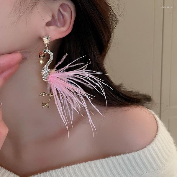 Baumeln Ohrringe Minar Persönlichkeit Rosa Farbe Feder Flamingo Lang Für Frauen Shinning Strass Tier Party Schmuck