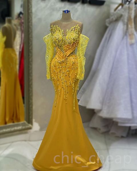 Aso Ebi 2023 sirena araba abito da ballo giallo cristalli di perline raso sera formale festa secondo ricevimento compleanno abiti da fidanzamento abiti robe de soiree SH019