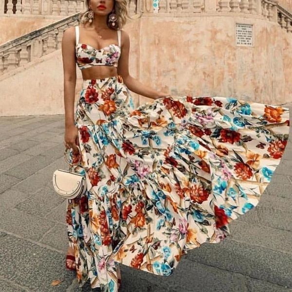 Abito a due pezzi Happie Queens Donna Stampa floreale Abiti a due pezzi Ruffles Top senza maniche Bohemian Maxi Gonne 2 pezzi Boho Set 230509