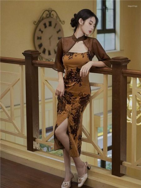 Ethnische Kleidung Chinesischer Stil Baumwolle und bedruckter Zen-Hosenträger mit hoher Taille Slim Fit Split Cheongsam Sexy Kleid Zweiteiliger Sommer