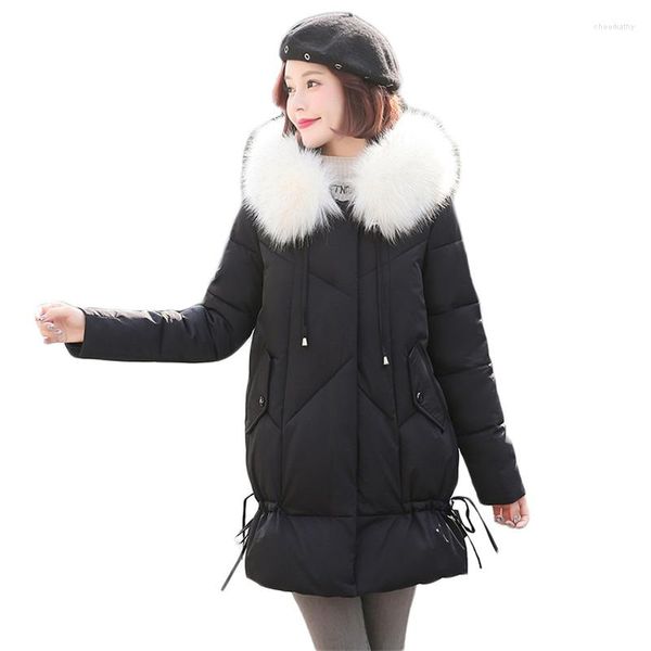 Trench da donna Bel cappotto invernale Donna Nero Rosa S-2XL Plus Size Collo in pelliccia bianca allentata Piumini in cotone con cappuccio Parka spesso caldo