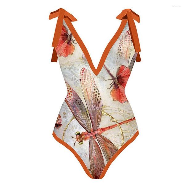 Kadın Mayo Çiçek Baskılı Tulum Maması Takım Seksi Vintage One Piece Bikini Şifon Dantel-Up Bow Fashion Beach Party