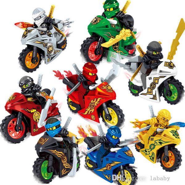8pcs çok çocuk oyuncakları hediyeler fantom ninja kasırga motosiklet arabası aracı kai garmadon cole ninja mini oyuncaklar figür yapı taşları kılıçla tuğla moto
