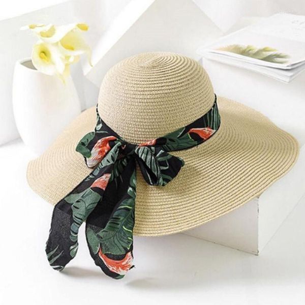 Cappelli a tesa larga Cappello da sole estivo femminile Cappello con fiocco Panama Beach per donna Chapeu Feminino Sombrero Paglia floscia Elob22
