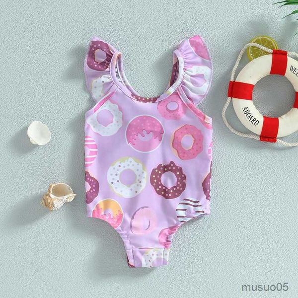 Costume da bagno per neonate in due pezzi Body senza maniche con maniche a mosca senza schienale Estate Pagliaccetto casual Costumi da bagno senza maniche Costume da bagno con stampa a ciambella di cartone animato