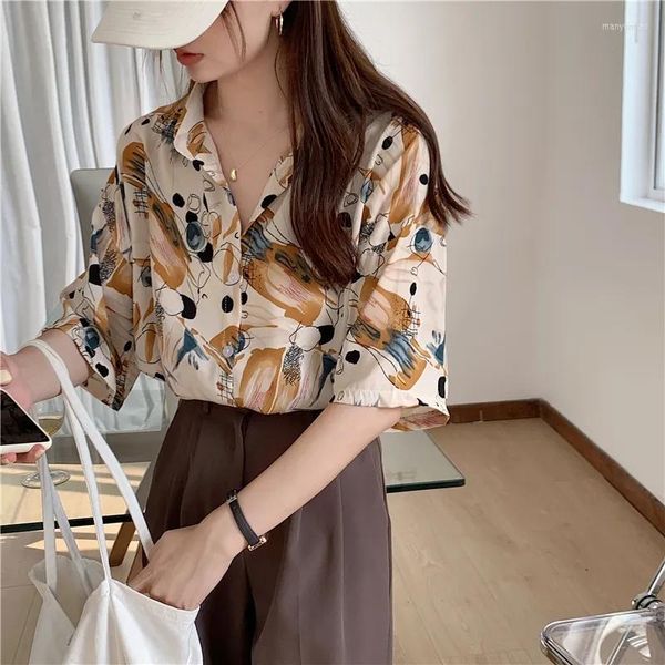 Damen Blusen Vintage Print Chiffon Kurzarm T-Shirt Damen Kleidung Schöne Bluse Lose Urban Lässig Ästhetisch Sommer Top 2023