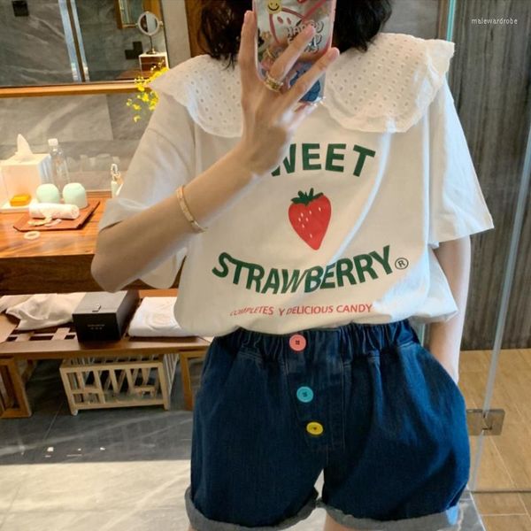 Damen-T-Shirts 2023 Sommer Lose und niedliche rote Erdbeere Hooked Flower Doll Neck Kurzarm koreanisches Damen T-Shirt