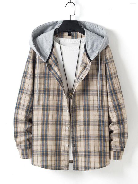 Herren Freizeithemden Herren Kapuzenhemd Vintage Plaid Europäische Größe