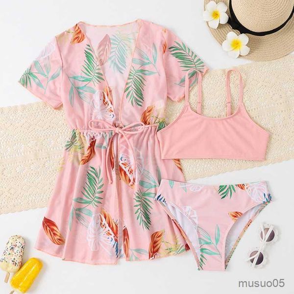 Duas-peças espirrando em estilo de biquíni de impressão tropical da moda para meninas 7-13 com cover de quimono