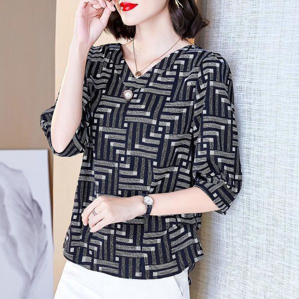 Camicette da donna Moda coreana Elegante Chic Stampa con perline Scollo a V Camicie larghe Primavera Estate Casual Pendolarismo Top Camicetta Donna Blusas Abbigliamento